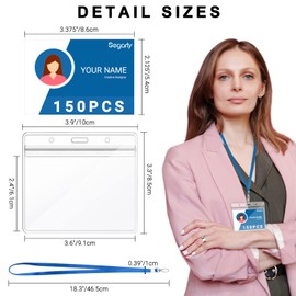 Segarty ID Badge Holder with Lanyard, 150 Pack Horizontal Clear Name Tags Badges with Blue Lanyards Bulk, Waterproof Plastic Nametag Card Holders for School Student Teachers, Business Office