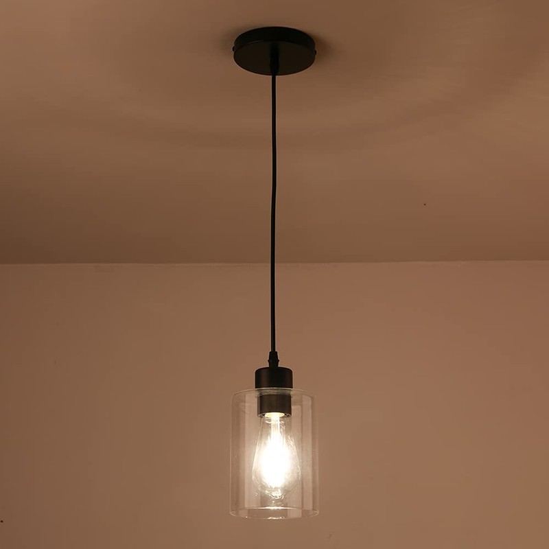 KLSS Modern Black Farmhouse Clear Glass Cylinder Pendant Light Fixture,Mini