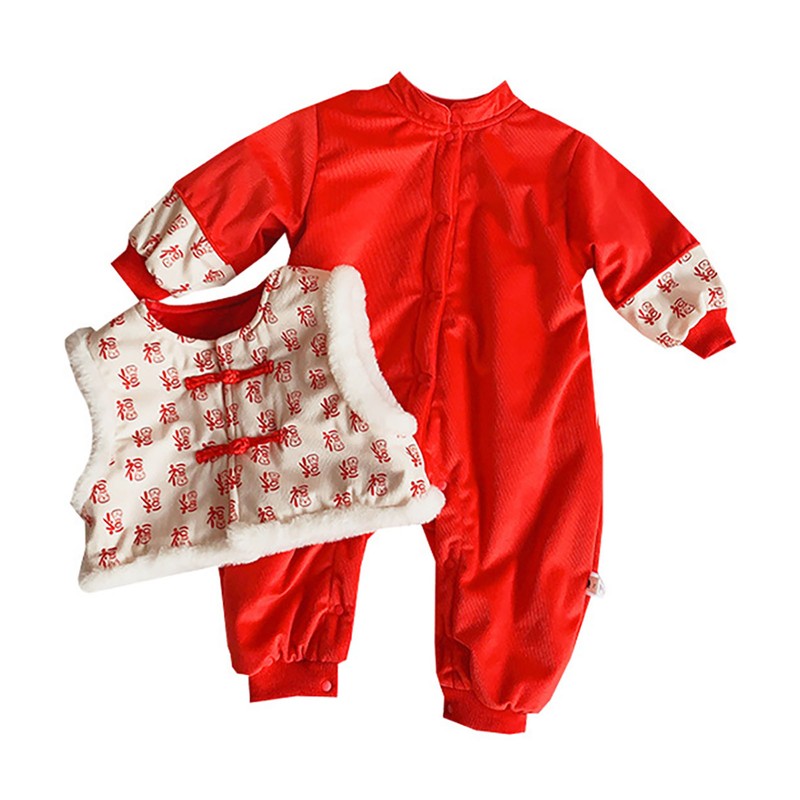 Chinese New Year Baby Romper Cotton Vintage Coil Buckle Festive
