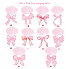 20Pcs Pink Bow Party Hanging Swirls, Girl Bow Princess Party Hanging Streamers Whirl, Coquette Birthday Party Bow Ceiling Hanging Decor for Bow Theme Bridal Shower Engagement Bachelorette Party