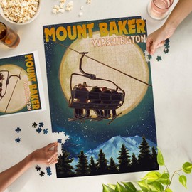 Lantern Press 1000 Piece Jigsaw Puzzle, Mt. Baker, Washington, Ski Lift and Full Moon, Letterpress