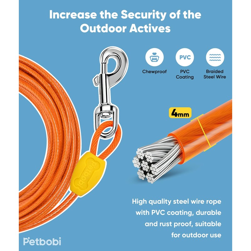 Petbobi Dog Tie-Out Cable 20ft - Heavy-Duty 4mm Metal Cable