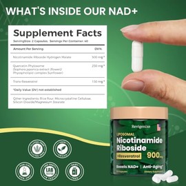 Suplemento NAD+ - Ribosida liposomal de nicotinamida y resveratrol 900mg | NAD Resveratrol Supplement for Men and Women – Anti-Aging, Energy Boost, Fo