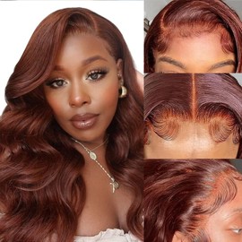haha #33 Reddish Brown Lace Front Wig Human Hair Copper Red Body Wave 13x4 Lace Frontal Wig Pre Plucked Bleached Knots Glueless HD Transparent Lace Front 20 Inch 150% Density Auburn Brownish