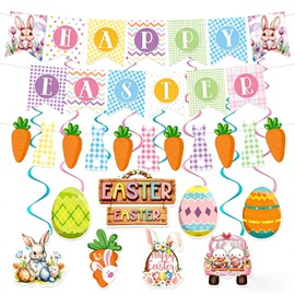 Happy Easter Banner Easter Decorations Bunny Easter Banner Garland Egg Bunny Hanging Swirls Easter Egg Bunny Party Decorations Easter Party Supplies Outdoor Indoor Home Office Spring Party Decoration