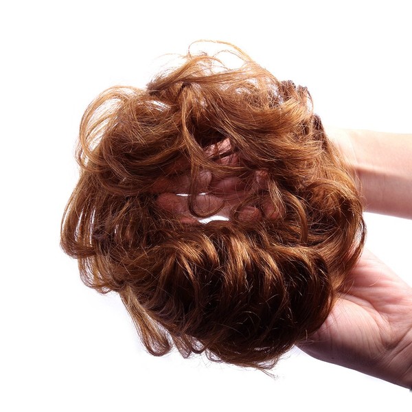 Bella Hair 100% Human Hair Scrunchies for Women Messy Bun Hair Piece Wavy Curly Up-Do Ponytail Extensions (#30 Medium Auburn/Red Brown)