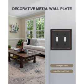 ZILLSEA 2-Pack Double Toggle Wall Plates, Aged Bronze Light Switch Covers, Durable Metal Switch Plate Covers, 4.96''*4.88'', Midsize