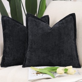 Madizz Set of 2 Chenille Velvet Cushion Covers with Flange Soft Boho Textured Throw Pillow Covers Broadside Pillowcases Modern Farmhouse Home Decor for Sofa Bedroom Black 18x18 inch, 45x45 cm
