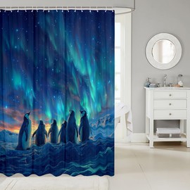 Penguin Shower Curtain With Blue Green Aurora Print - Cute Cartoon Animal Bathroom Decor for Boys Girls, Lovely Wildlife Waterproof Bath Curtain, Romantic Themed, 72" W x 72" L