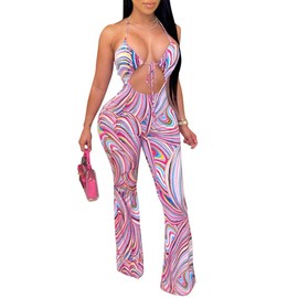 Remelon Womens Spaghetti Strap Halter Wave Striped Print Cut Out Bodycon Bell Flare Pants Club Party One Piece Jumpsuits Rompers Multi XL
