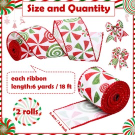 2 Rolls/ 12 Yard Christmas Candy Peppermint Wired Edge Ribbon 2.5 Inch Wide Christmas Candy Ribbon Burlap Ribbon for DIY Craft Wreath Christmas Tree Decoration Gift Wrapping Party (Candy Pattern)