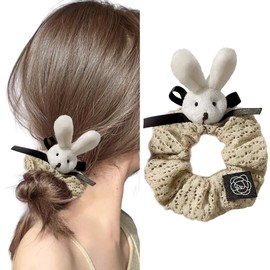 White Bunny Hair Scrunchies for Women Beige Hair Ties with Plush Rabbit Cute Bunny Cosplay Costume Headpiece for Easter Party Spring Festival Everyday Wear Comfortable Easter Hair Accessories 1Pcs