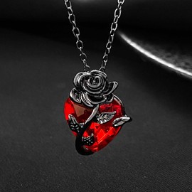 Wendalern Gothic Red Heart Crystal Necklace Ruby Heart Rose Pendant Necklace Dainty Heart Shaped Twist Flower Clavicle Chain Necklace Valentines Gifts Jewelry for Women and Girls
