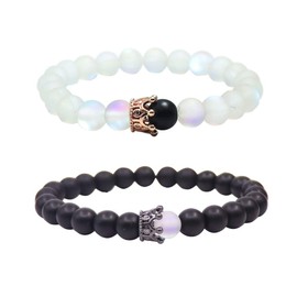 UEUC King&Queen Crown Distance Couple Bracelets His Hers Black Matte Agate 8mm Beads Bracelet
