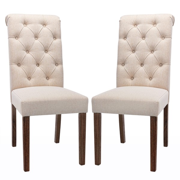 COLAMY Tufted Dining Room Chairs Set of 2, Accent Parsons Diner Chairs Upholstered Fabric Side Stylish Kitchen Chairs with Solid Wood Legs and Padded Seat - Beige