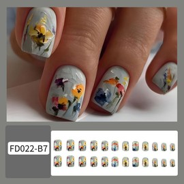 24Pcs Flower Press on Nails Short Square WLGDLH Gray Fake Nails with Vintage Oil Designs False Nails Full Cover Spring Glue on Nails Acrylic Nails for Women Daily Wear