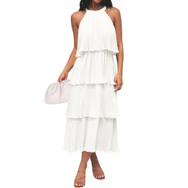 ZESICA Women's 2024 Summer Sleeveless Halter Neck Ruffle Tiered Layed Chiffon Flowy Swing Long Midi Dress,White,Medium