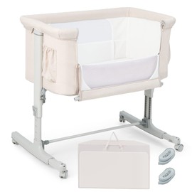 HONEY JOY Baby Bassinet Bedside Sleeper, 3-in-1 Easy Folding Portable Crib for Baby with Wheels, 5 Adjustable Heights, Easy to Assemble Bed to Bed, Mattress & Carry Bag for Infant Newborn (Beige)