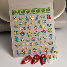 5D Embossed Flower Nail Art Stickers Yellow Green Nail Stickers Bohemia Designs Nail Decals Supplies Self Adhesive DIY Manicure Acrylic Decoration Accessories for Women Girls Kid