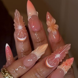 Flower Press on Nails Long Almond Fake Nails with Water Ripples Star Design Ombre Orange French Tips Stick on Nails Glossy Skin Tones False Nails Full Cover Glue on Nails for Women Manicure 24Pcs