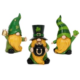 Valery Madelyn St Patricks Day Gnome Figurines, Set of 3 Irish Leprechaun Decor with Shamrocks, Gold Pot, Beer Mug, Large Green Yellow Resin St Patricks Gifts for Table Tiered Tray Decor, 3.5 Inch