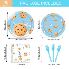 96Pcs Milk and Cookies Birthday Party Supplies Chocolate Chip Cookies and Milk Drinks Party Plates Napkins Forks Tableware Set Party Decorations, Milk and Cookies Birthday Party for Kid, Serves 24