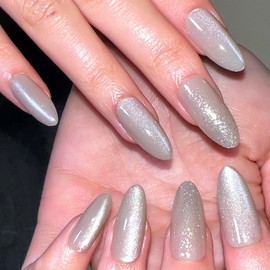Fomkrio Shimmer Cat Eye and Glitter Cape Taupe Medium Press On Nails Almond Acrylic Fake Nails with Designs Spring Summer Nails for Women Girls, 15 Sizes - 30Pcs Manicure Nail Ki