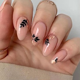 24 pcs Nude Press on Nails Almond Medium Artificial Acrylic Fake Nails with Black Leaves Patterns Designs Full Cover Reusable Coffin False Nails Set Women Glue on Nails Stick on Nails for Nail Art