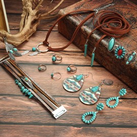 Morfetto Western Jewelry for Women Bohemian Turquoise Jewelry Set Turquoise Faux Leather Cuff Bracelet Turquoise Pendant Choker Necklace Turquoise Hoop Dangle Earrings Turquoise Joint Knuckle Rings