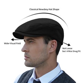 POUDAY Men's Cotton Newsboy Cap Flat Cap Newsboy Hat for Men Cabbie Hat Breathable Soft Summer Hat for Driving Hunting Golf Black