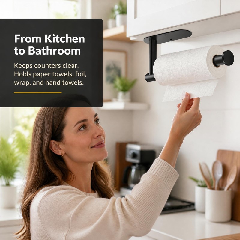 Paper Towel Holder Under Cabinet, Matte Black Stainless, No Drill