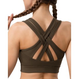 Luvrobes Women's High Support Sports Bra Crisscross Back Wide Straps Molded Cups for Running Yoga & Gym Workouts (Dark Brown,L)