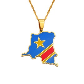 Hafrita Democratic Republic Of The Congo Map Necklace Gold Chain Flag Pendant Necklaces, 45cm Thin Chain, Copper, Agate