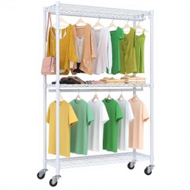 Higeego Rolling Garment Rack with Wheels, Heavy Duty Clothing Rack for Hanging Clothes, Load 480 LBS Metal Closet Rack Double Hanging Rods Portable Closet for Bedroom Storage, H2 Plus, White