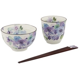 Ceramic Indigo Rice Bowl, Blue, Approx. 4.3 x 2.6 inches (11 x 6.6 cm), Tea Cup Diameter 3.3 x Height 3.1 inches (8.3 x 8 cm), Chopsticks 8.3 inches