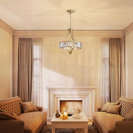 Avzkcy Modern Gold Chandelier, Crystal Pendant Lighting Fixtures, 15.7 Inches Height Adjustable Metal Shade Ceiling Light Suitable for Living Room Kitchen Island Dining Room Bedroom