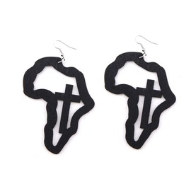 Women's Afrocentric Africa Map Text Wood Dangle Earrings Wooden Geometric Pendant Pierced Jewelry-black cross