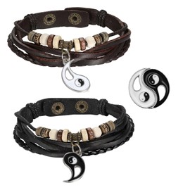 Cupimatch 2 Pcs Wrap Leather Wristbands Bracelets Wood Beads Bracelets for Men Women 7-11 inches Adjustable (2 pcs leather bracelet)