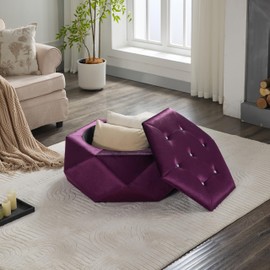 Merax Elegant Velvet Storage Ottoman with Diamond Tufted Lid - Multi-Functional Footrest Seat for Living Room & Bedroom, Purple