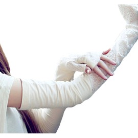 Arm Cover Long Size [53 cm] Sheer (TypeA) Lace with Finger Sleevless/Mini Towel Set/UV Guard UV Care Sun Protection Awning Gloves [MG151 – 01 – 010] , white