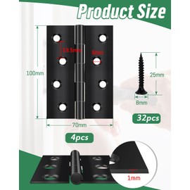 JatilEr 4 Pcs Door Hinges 100mm × 70mm, Black Hinges for Wood Stainless Steel, Butt Hinges for Internal Outdoor with 32 Pcs Screws for Light Gate, Windows, Closet, Drawer, Boxes