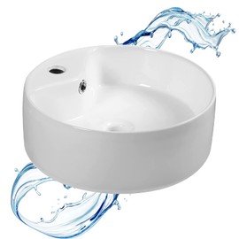 STARBATH PLUS - Glossy White Ceramic Round Sink - 15.8"x15.8"x5.9" - Countertop Bathroom Vessel Sink for Vanity or Powder Room