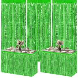 5pcs Green Party Decoration Set,Green Tinsel Foil Fringe Curtains Streamers Backdrop and Green Fringe Table Skirt for Christmas,St Patrick ’Day,Hawaiian,Jungle,Summer,Birthday Party Decorations