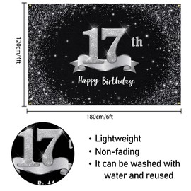 HAMIGAR 6x4ft Happy 17th Birthday Banner Backdrop - 17 Years Old Birthday Decorations Party Supplies for Girls Boys - Black Silver