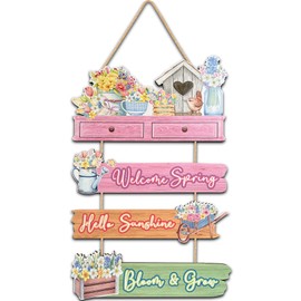 SIKERIC Welcome Spring Sign - Floral Bloom Wooden Plaque, Hanging Wall Art, Farmhouse Porch Decor, Easter Gift