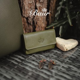 Baur Women's Key Case Real Leather Key Case with Coin Compartment and Metal Key Ring Key Pocket with Zip & Press Stud Note & Card Compartment Small Purse, olive