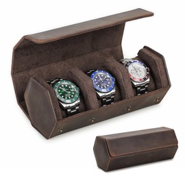 CONTACTS Watch Travel Case Leather Watch Box 3 Slot Hexagon Watches Roll for Men Watch Storage Organizer Watch Holder (for 3 Pcs Watch)