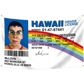 Mclovin ID Fake Driver License Indoor Flag 90 * 150 CM, Polyester Thickness, Fade Resistant, 4 Brass Grommets, Canvas Header, Vibrant Colors,Not Fear of Rain and Snow