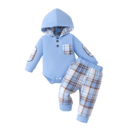 Renotemy Newborn Baby Boy Clothes Fall Winter Hoodie Outfits Long Sleeve Blue Plaid Flannel Hooded Bodysuit Coming Home Outfit Baby Boy Newborn Essentials Infant Shower Gifts for Boys 0-3 Months