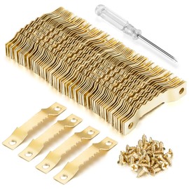 YHYZ Sawtooth Picture Hangers Bulk (Small ), 100pcs Gold Sawtooth Hangers / Hooks with 200pcs Screws + Screwdriver, for Picture Frame Painting Photos Artwork Clock Home Decoration (100 Sets, Small)